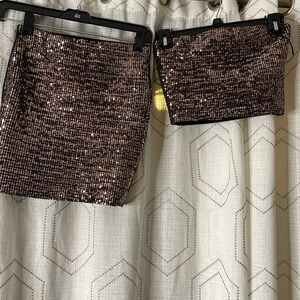 Women’s S 2pc Tube Top & Mini Skirt Sequin Set Black Velour Back/Liner on Each